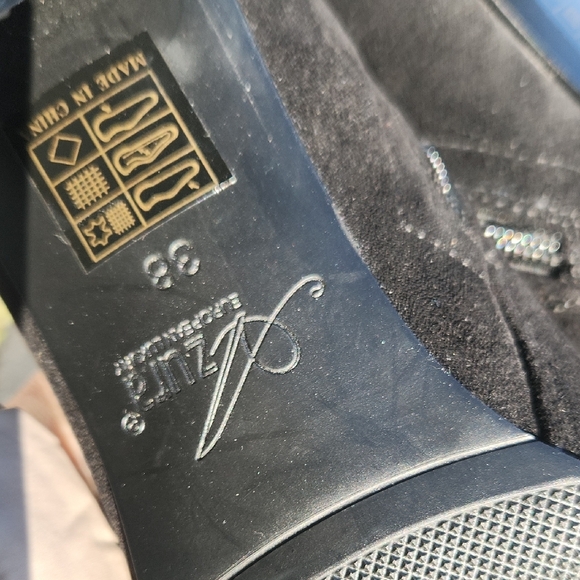 Black Suede Mid-Calf Heeled Boots with Gold Cap Toe and Stud Trim - Picture 12 of 16